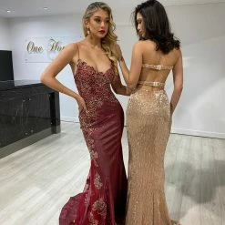 NEW ARRIVALS Honey Couture ELISE Gold Sequin Low Back Mermaid Evening Gown Dress