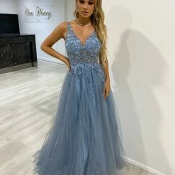 NEW ARRIVALS Honey Couture DEMIKA Smokey Blue 3D Flowers Tulle Formal Gown Dress