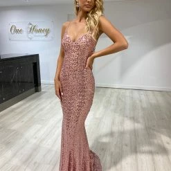 One Honey Boutique The NIKEETA Pink Sequin Corset Back Mermaid Formal Gown NEW ARRIVALS