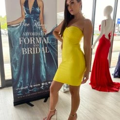 Honey Couture ESTELLE Yellow Strapless Bandage Dress