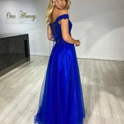NEW ARRIVALS Honey Couture ISIDORE Blue Beaded Off Shoulder Tulle Skirt Formal Dress