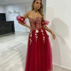 NEW ARRIVALS Honey Couture BLOOM Burgundy Bustier Lace Applique Tulle Formal Dress