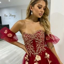 NEW ARRIVALS Honey Couture BLOOM Burgundy Bustier Lace Applique Tulle Formal Dress