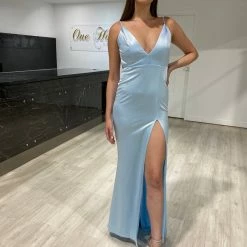 NEW ARRIVALS Honey Couture MILEE Baby Blue Low Back Mermaid Evening Gown Dress W Leg Split