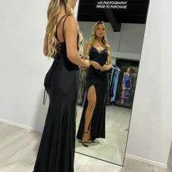 Honey Couture ORINA Black Diamante V Front Leg Split Formal Dress NEW ARRIVALS