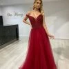 Honey Couture ISIDORE Burgundy Beaded Off Shoulder Tulle Skirt Formal Dress