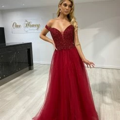 Honey Couture ISIDORE Burgundy Beaded Off Shoulder Tulle Skirt Formal Dress