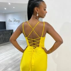 Honey Couture SOLANGE Neon Yellow Corset Ruched Formal Gown Dress