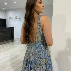 Honey Couture VIANNE Peacock Blue Glitter Tulle Formal Dress NEW ARRIVALS