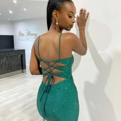 NEW ARRIVALS Honey Couture JULIANA Emerald Green Lace Up Back Diamante Mermaid Formal Dress