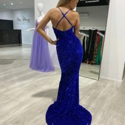 NEW ARRIVALS Honey Couture TAYTUM Electric Blue Sequin Mermaid Evening Gown Dress