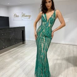 One Honey Boutique Honey Couture YASMIN Emerald Green Sequin Formal Gown NEW ARRIVALS
