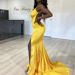 Honey Couture MILEE Yellow Low Back Mermaid Evening Gown Dress W Leg Split NEW ARRIVALS