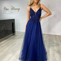 Honey Couture REGAN Navy Blue Beaded Tulle Skirt Formal Dress NEW ARRIVALS