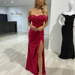 Honey Couture LAILA Burgundy Off Shoulder Silky Formal Dress