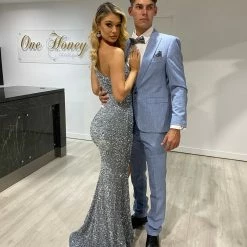 Honey Couture ADRIANNA Silver Sequin One Shoulder Mermaid Formal Dress NEW ARRIVALS