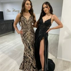 NEW ARRIVALS Honey Couture GLIMMER Black & Gold Sequin Glitter Formal Dress