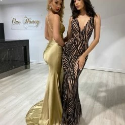 Honey Couture COCO Gold Low Back Bum Ruching Mermaid Formal Dress