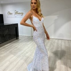 Honey Couture JULES White Low Back Sequin Mermaid Evening Gown Dress NEW ARRIVALS