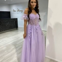 NEW ARRIVALS Honey Couture BLOOM Lilac Purple Bustier Lace Applique Tulle Formal Dress