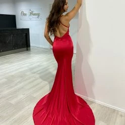 Honey Couture CANDICE Red Silky Low Back Mermaid Formal Dress