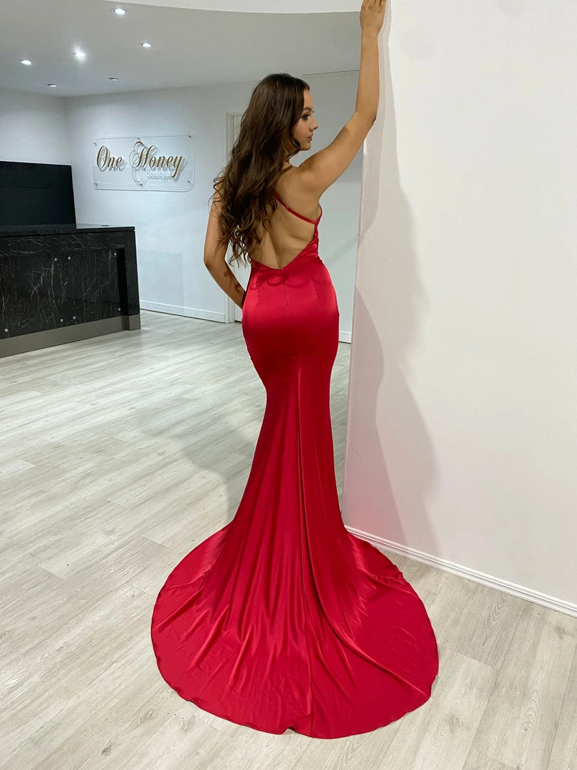 Honey Couture CANDICE Red Silky Low Back Mermaid Formal Dress 3 Honey Couture CANDICE Red Silky Low Back Mermaid Formal Dress