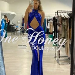NEW ARRIVALS Honey Couture DARIA Electric Blue Bum Ruching Cut Out Tie Up Formal Dress