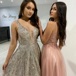 Honey Couture VIANNE Blush Pink Glitter Tulle Formal Dress