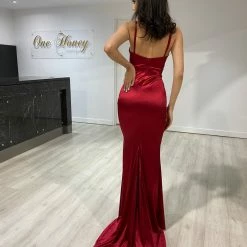 Honey Couture RAYNE Burgundy Silky Knot Feature Mermaid Formal Dress