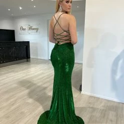 Honey Couture MEXX Green Glitter Shimmer Lace Back Bum Ruching Formal Dress NEW ARRIVALS