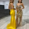 NEW ARRIVALS Honey Couture COCO Yellow Low Back Bum Ruching Mermaid Formal Dress