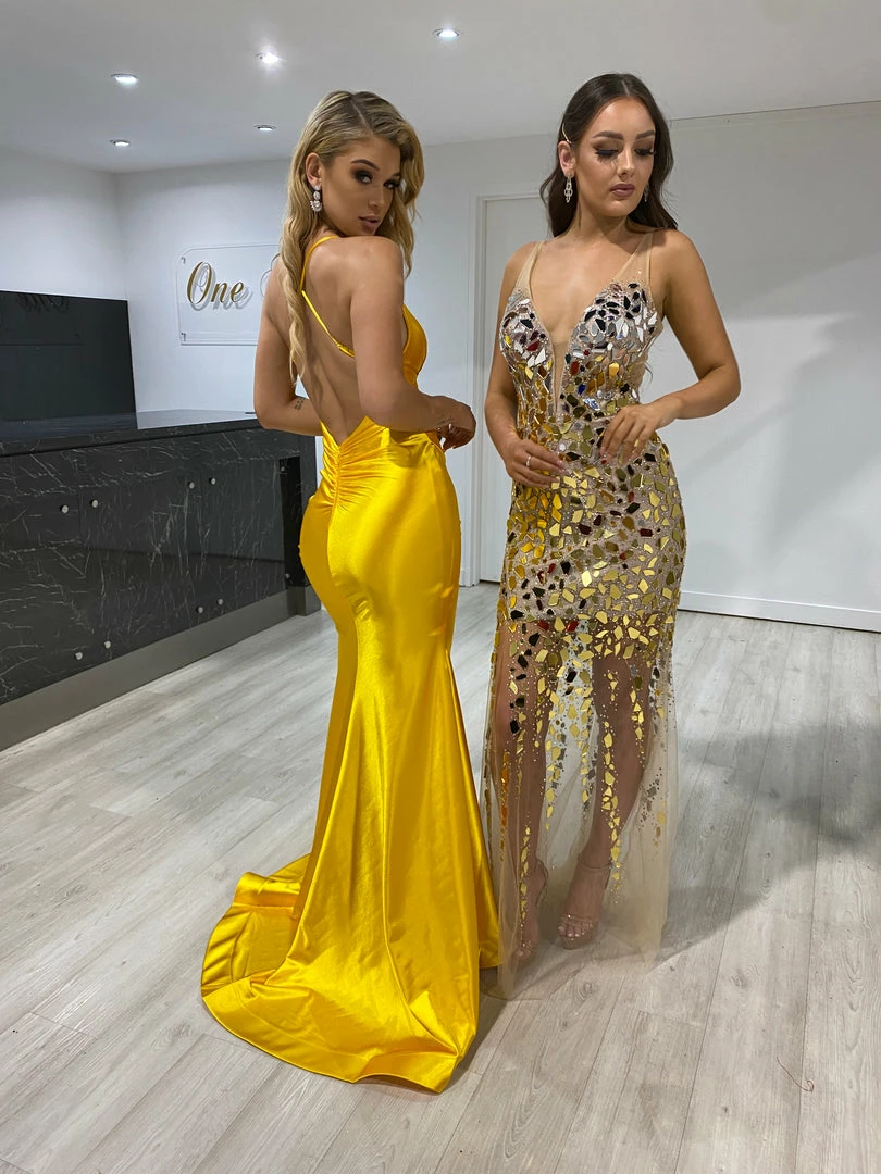 NEW ARRIVALS Honey Couture COCO Yellow Low Back Bum Ruching Mermaid Formal Dress 3 NEW ARRIVALS Honey Couture COCO Yellow Low Back Bum Ruching Mermaid Formal Dress