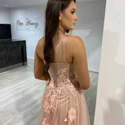 Honey Couture LUCIA Blush Pink Sheer Bustier Corset Tulle Formal Gown NEW ARRIVALS