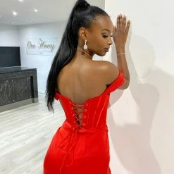 Honey Couture TYRA Red Corset Bustier Leg Split Formal Dress