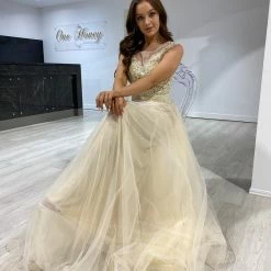 NEW ARRIVALS Honey Couture MADDIE Champagne Tulle Lace Bodice Formal Dress