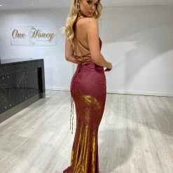 Honey Couture JENNIFER Burgundy Shimmer Lace Up Formal Dress NEW ARRIVALS