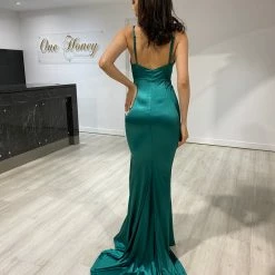 Honey Couture RAYNE Emerald Green Silky Knot Feature Mermaid Formal Dress NEW ARRIVALS