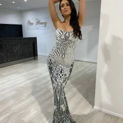 Honey Couture CIENNA White Silver & Black Lace Up Mermaid Formal Dress
