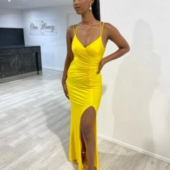 Honey Couture SOLANGE Neon Yellow Corset Ruched Formal Gown Dress