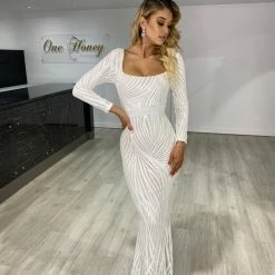 Honey Couture NADA White & Nude Long Sleeve Formal Dress NEW ARRIVALS