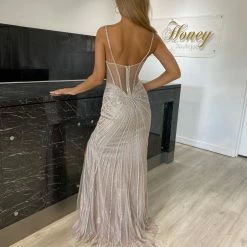 NEW ARRIVALS Honey Couture AMORE Silver Sequin Gemstone Mesh Corset Formal Gown Dress