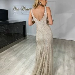 NEW ARRIVALS Honey Couture ALEYANDRA Champagne Silver Beaded Sequin Lace Up Formal Dress
