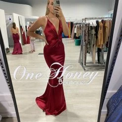 Honey Couture JUSTICE Burgundy Open Back Mermaid Evening Gown Dress 10 Honey Couture JUSTICE Burgundy Open Back Mermaid Evening Gown Dress