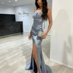 NEW ARRIVALS Honey Couture JENNA Dusty Blue Silky Mermaid Gown