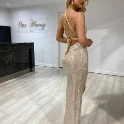 NEW ARRIVALS Honey Couture LUZ Champagne Gold Lace Up Sequin Formal Gown Dress 11 NEW ARRIVALS Honey Couture LUZ Champagne Gold Lace Up Sequin Formal Gown Dress