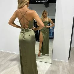 NEW ARRIVALS Honey Couture ZENDAYA Olive Green Satin Corset Bustier Leg Split Formal Dress