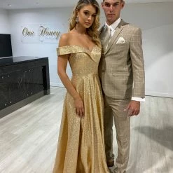 Honey Couture DORA Gold Metallic Shimmer Off Shoulder Formal Gown NEW ARRIVALS