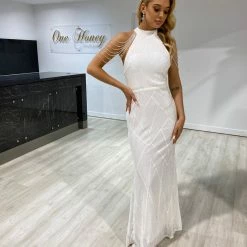 Honey Couture ZANDILIE White Beaded Shoulder Sequin Formal Gala Dress