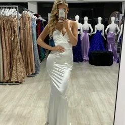 Honey Couture RIKKI White Open Lace Up Back Formal Dress