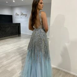 NEW ARRIVALS Honey Couture VIANNE Light Baby Blue Glitter Tulle Formal Dress